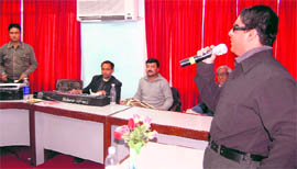 A singer gives audition at a talent hunt programme in Dehradun on sunday