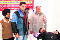 A blood donation camp organised by the Public Welfare Society in progress at Mullanpur Dakha on Sunday