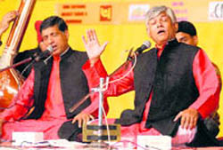 Gundecha brothers, Pt. Umakant and Pt. Ramakant Gundecha, perform at the Harivallabh Sangeet Sammelan in Jalandhar