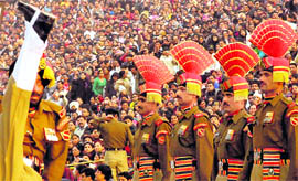 BSF jawans during Beating the Retreat ceremony at the Attari-Wagah international border, about 45 km from Amritsar, on Sunday