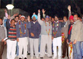 Members of the ETT teachers union after being released from jail in Bathinda on Monday.
