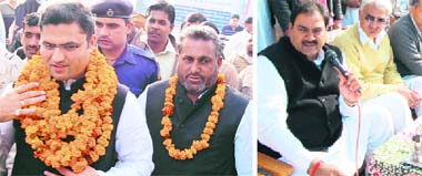 Congress MP Ashok Tanwar and party nominee for the Ellenabad bypoll Bharat Singh Beniwal at the opening of the partys election office at Ellenabad; and (right) INLDs Abhey Singh Chautala addresses villagers at Shakarmandori in Ellenabad