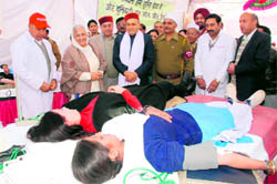 Chief Minister PK Dhumal at a blood donation camp organised by Sant Nirankari Mission in Shimla on Monday
