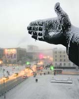 The frozen hand of a monument of Soviet founder Vladimir Lenin is seen is seen as the temperature is below -30 degrees Celsius in downtown Yakutsk, about 4,800 km east of Moscow, on Monday.  AP/PTI