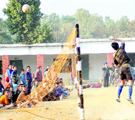 A goalkeeper saves a goal during a match at the Khadag Bahadur Memorial Football Tournament in Dehradun on Tuesday