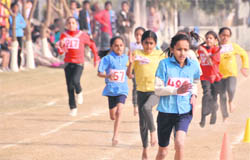 Students take part in a race during the BVM School Inter-Branch Athletics Meet at the Kitchlu Nagar branch in Ludhiana on Tuesday.
