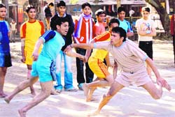 A kabbadi match in progress at the District Athletics Competition in Dehradun