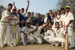 Players of Guru Nanak Dev University in a jubilant mood after reaching the final of the inter-varsity tourney in Bathinda 