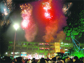 Fireworks explode on the eve of New Year at Plazza in Sector 17, Chandigarh, on Thursday night.