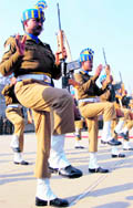CRPF Jawans stand in a formation during