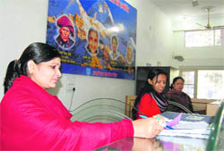 Women employees go about their work at the Uttaranchal Gramin Bank in Dehradun