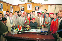 People from all walks of life greet Chief Minister Prem Kumar Dhumal on New Year at Shimla on Friday.