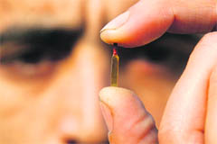 Jammu resident Rajeev Ranju shows his creation  a miniature cricket bat made of gold