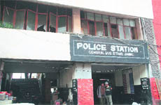 A view of the police station at the General Bus Stand, Jammu, with broken windowpanes;