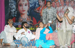 A scene from the play Ankhein staged by the Aks Theatre group during the Rang Mahotsav.