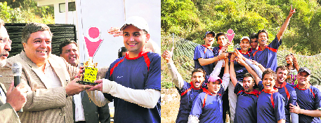Dr Vimal Soni, president of the Rajasthan Cricket Association, gives away the trophy to bridegroom Sandeep Bang; and (right) elated members of the bridegrooms team in Dehradun on Saturday.