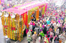 Nagar kirtan being taken out ahead of the Gurpurb in Ludhiana on Saturday.