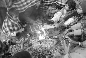 Homeless children keep themselves warm by the roadside in Patiala