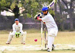 A batsman in action during a match at the u-17 District Cricket Tournament in Dehradun on Sunday.