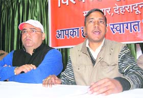 Pawan Chaudhary, city president of the Vishwa Hindu Parishad, at a press conference in Dehradun