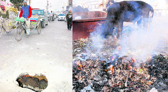 (L) A gaping hole at the busy Hospital Chowk; (and) garbage goes up in noxious fumes in Karnal.