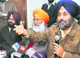 Hockey Punjab president Sukhbir Badal, Punjab Olympic Association president Sukhdev Singh Dhindsa and Hockey Punjab secretary general Pargat Singh during a press conference in New Delhi on Sunday.