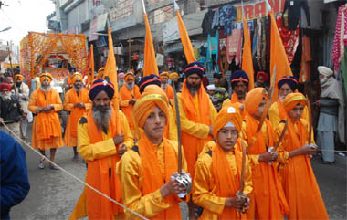 Panj Pyare (the five beloved) lead the procession organised on eve of the birth anniversary of Guru Gobind Singh in Bathinda on Monday.