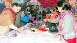 Uttarakhand Governor Margaret Alva tries her hand on block printing on the concluding day of the Khadi Mahotsav in Dehradun on Monday.