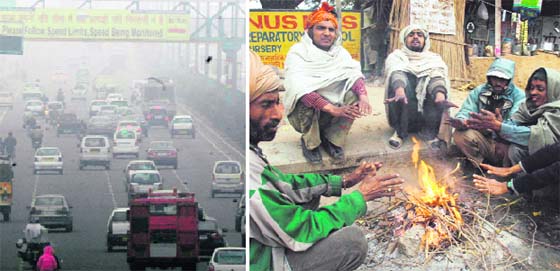 (Right) People huddle around a bonfire to keep themselves warm; and a foggy morning in Gurgaon