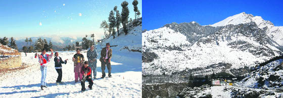 Tourists tossing balls of snow at Kufri on Monday: That is how upper Manali looked after a fresh spell of snow on Monday.
