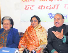 CLP leader Vidya Stokes, pradesh returning officer Rajani Patil and HPCC chief Kaul Singh Thakur addressing the media at Shimla on Monday.