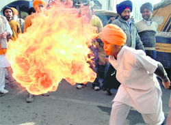 A youth performs a fire stunt during a religious procession on the eve of the birth anniversary of Guru Gobind Singh at Amritsar on Monday. 