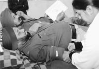Cops donate blood during a camp organised by the Punj Darya Sabhacharak Manch in Phase XI, Mohali, on Monday.
