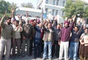 BSNL staff staging a demonstration demanding purchase order for GSM lines outside the BSNL office in Bathinda