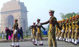 ITBP jawans marching contingent rehearses for the Republic Day celebrations at the India Gate lawns in New Delhi on Tuesday.
