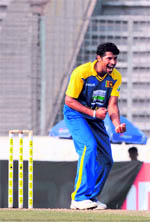 Sri Lankas Chanaka Welagedara reacts after the dismissal of Virender Sehwag at The Sher-e Bangla National Stadium 