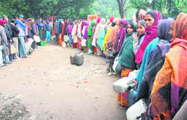 Despite being a chilly day, people queue up for kerosene at a pump in Sector 29, Chandigarh, on Wednesday.