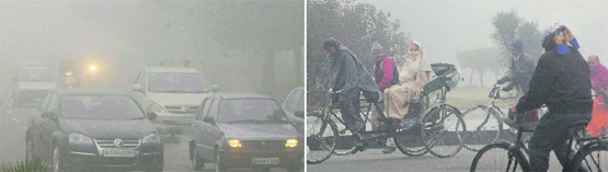 Fog forces drivers to turn on their car lights in the daytime (left); and people cover themselves with woollens to protect them from the chill in Chandigarh on Wednesday.