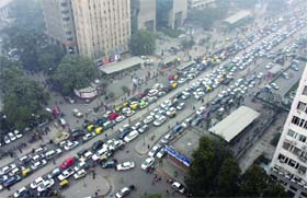 A view of traffic jam at Connaught Place in New Delhi