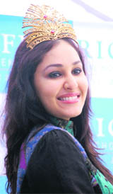 Pantaloons Femina Miss India Pooja Chopra at the inauguration of the Richfeel Trichology Centre in Dehradun on Wednesday.