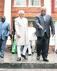 Vice-President Hamid Ansari with Zambian President Rupiah Bwezani Bonda prior to their meeting in Lusaka, Zambia, on Wednesday.
