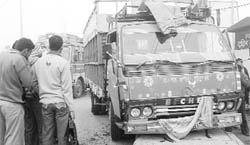 A truck that met with an accident on the Chandigarh-Ambala national highway at Dera Bassi on Thursday.