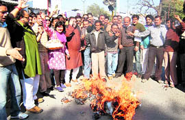 Congress workers burn an effigy of the state government against its decision to withdraw subsidy on petrol and diesel in the state on Thursday