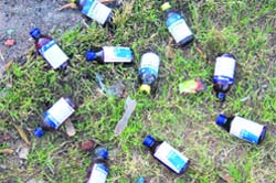 Empty cough syrup bottles lying at Shri Ram Rangshala, near Mansarovar Park, 