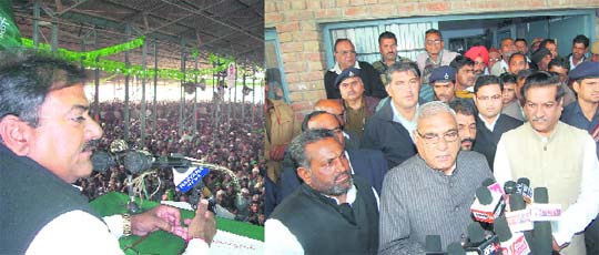 INLD candidate Abhay Singh Chautala addresses an election rally; and (right) Chief Minister Bhupinder Singh Hooda flanked by Congress candidate Bharat Singh Beniwal (left) and Union Minister and AICC general secretary Prithviraj Chauhan (right) speaks to mediapersons in Ellenabad