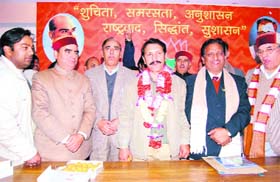 Sher Singh who was elected district BJP chief along with his supporters at Shimla