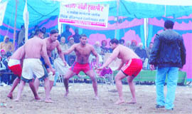 Match in progress during the kabaddi tournament at Hirapur village.