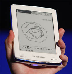 A Samsung E6 e-book is seen during a news conference before the 2010 International Consumer Electronics Show (CES) in Las Vegas.