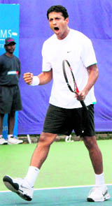 Mahesh Bhupathi reacts after winning his doubles match in Chennai on Thursday.