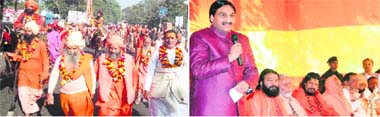 Sadhus have started arriving in Haridwar for the Maha Kumbh; and (right) Chief Minister Ramesh Pokhriyal Nishank at Kumbh Samanvya Shivir at Bharat Mata Mandir in Haridwar